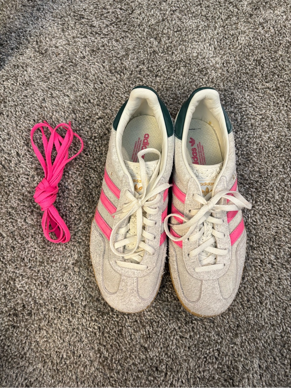 adidas Cream Suede Sneakers with Hot Pink Stripes